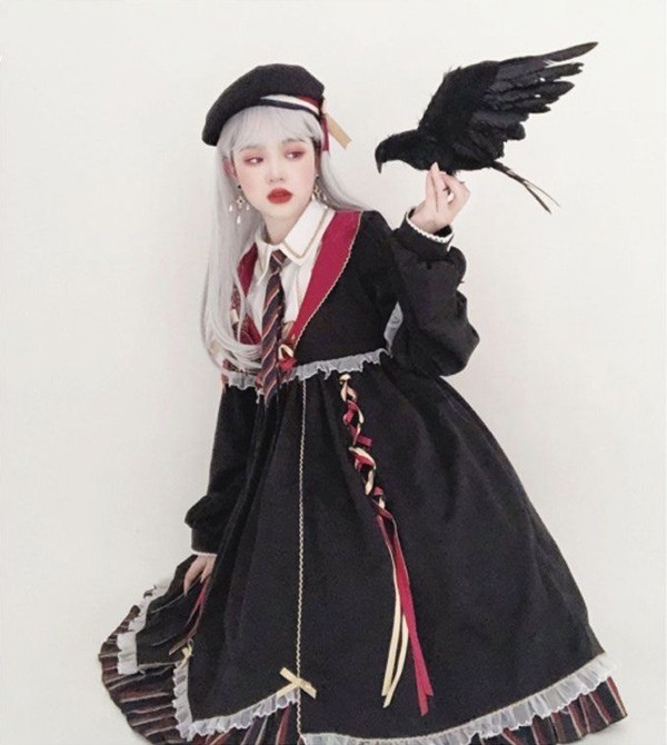 ワンピースドレスプリント柄ワンピ衣装 制服 コスチューム 膝丈 学生風 ロリータ 可愛い コスプレ 魔法使い ロリィタファッション ハイウエスト ゴスロリ レディース 暗黒系 ワンピース 長袖
