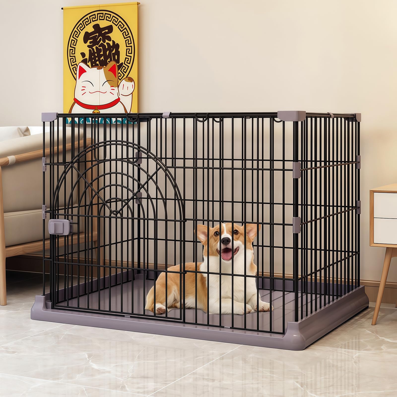 犬 ケージ 犬用サークル ペットケージ 犬 ゲージ 屋根付き 幅76×奥行51×高さ46cm ペットサークル 小型犬 中型犬 ペット用品 ドッグサークル 折りたたみ 組立簡単 室内外兼用 (グレー 7