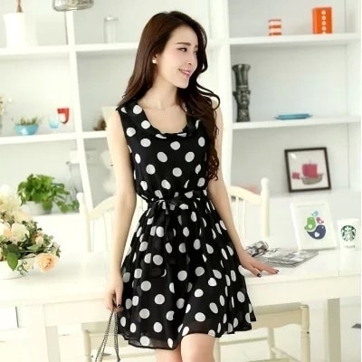 1037.ノースリーブドット柄膝丈ワンピース（ブラック）