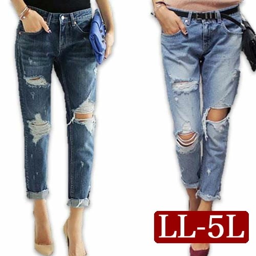 大きいサイズ レディース パンツ ダメージデニム クラッシュ デニム ダメージ ジーンズ 七分丈パンツ クロップドパンツ ゆったり ゆる LL 3L 4L 5L 11号 13号 15号 17号 19号