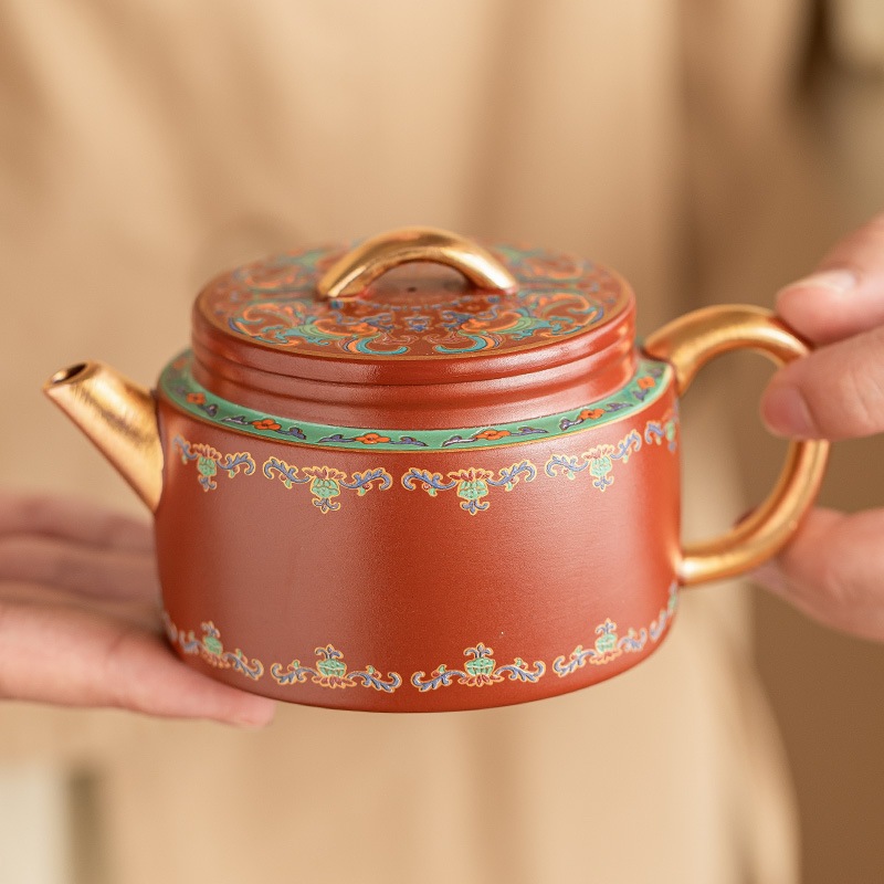 朱尼紫砂井柵壺 敦煌文化創作金箔急須 シングルポット カンフー茶器 家庭用急須