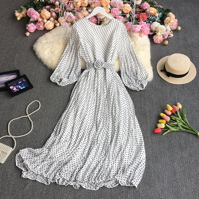 ワンピース ロング ロング丈 袖あり 7分袖 七分袖 ビロウィスリーブ Uネック Aライン シフォン ベルト ウエストマーク 薄手 かわいい おしゃれ お洒落 ラブリー キュート ガーリー ドット柄