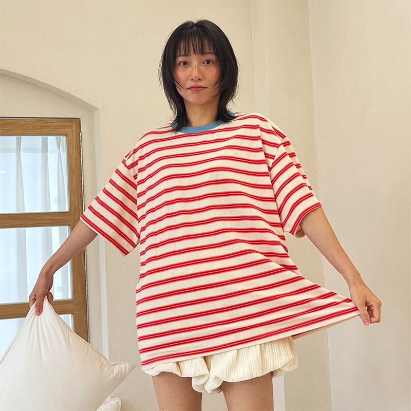 ストライプビスケット ルーズフィット 半袖Tシャツ (レッド)