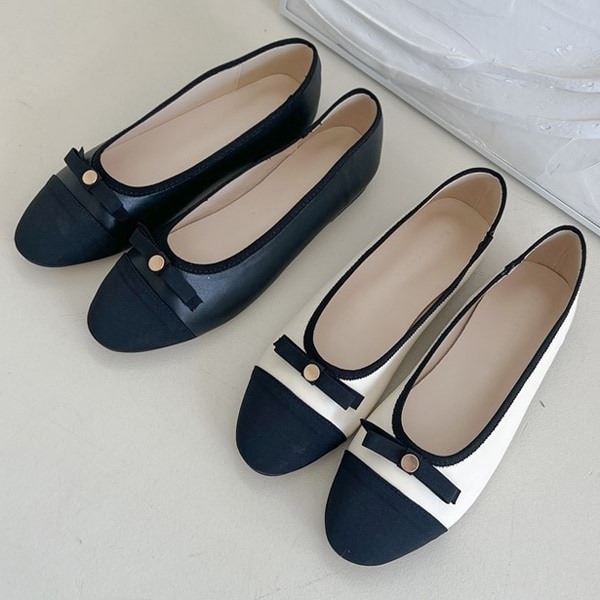 バレエシューズ パンプス りぼん リボン キャップトゥ フラット レディース 黒 アイボリー 靴