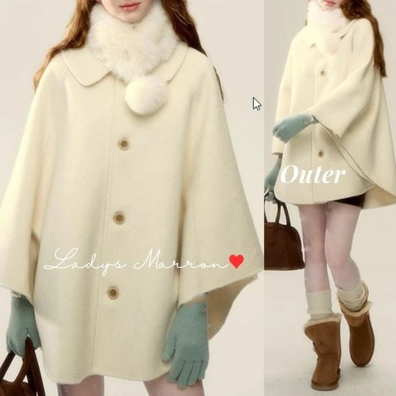 【急速出荷 2025年新作】ケープコート レディース 可愛い ポンチョコート アウター 冬 マントコート ボア ファーコート ファーアウター ファーコートレディース ジャケット 白コート ポンポン 量