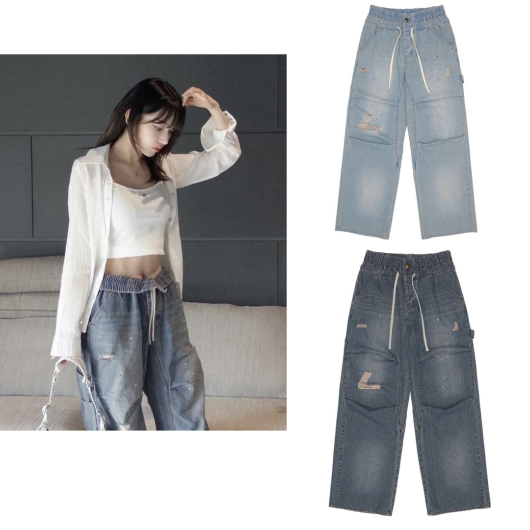 【Le serrafimサクラ着用】Folding Waist Denim Pants Ice Denim　おーバサイズゴムバンディングジンズ