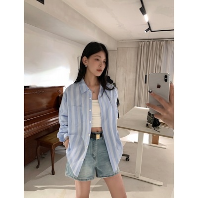 ムルバンストライプシャツレディース春と秋のゆるい上着デザインセンスカジュアル長袖シャツ