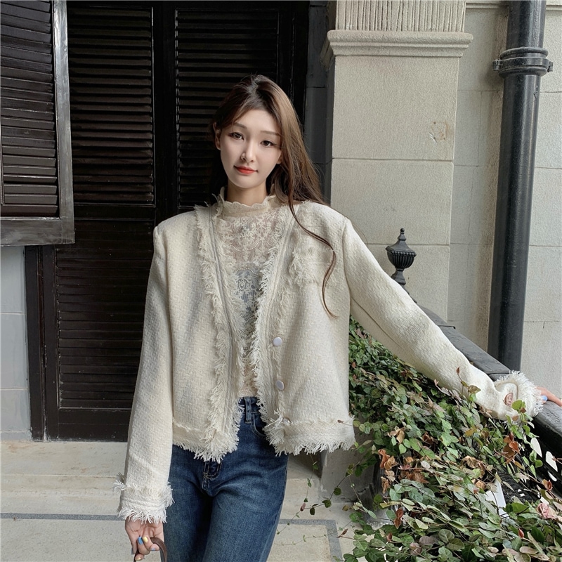 ショートジャケット ツイード 魅せる トップス ジャケット ホワイト 白 レギュラー丈 袖あり 長袖