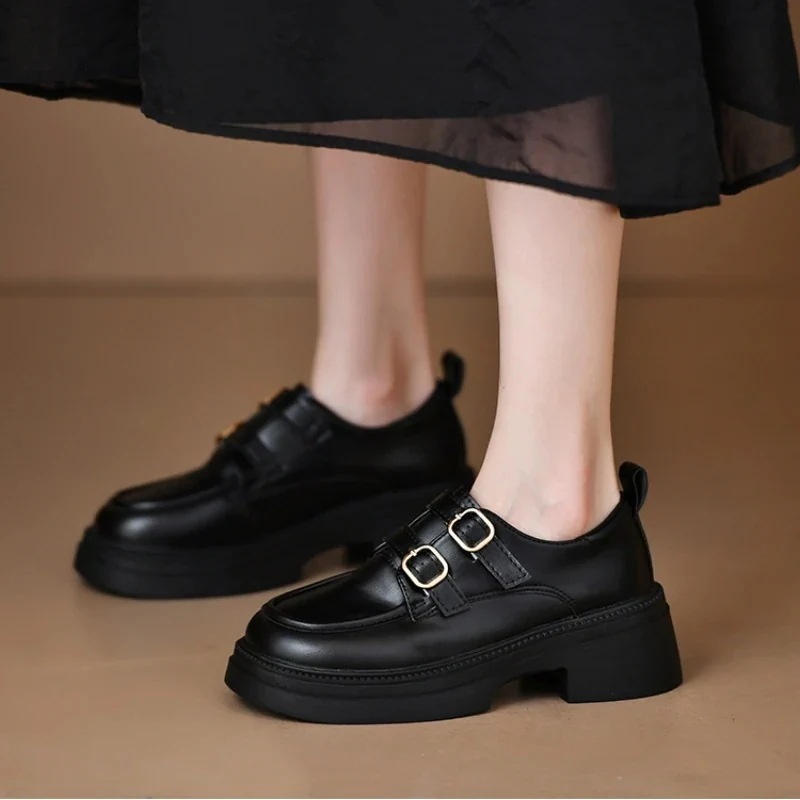 フラットシューズ 太ヒール 小さな靴 通学 通勤 厚底靴 美脚 韓国ファッション レディース 靴 百掛け 秋冬 ローファー 厚底 英伦