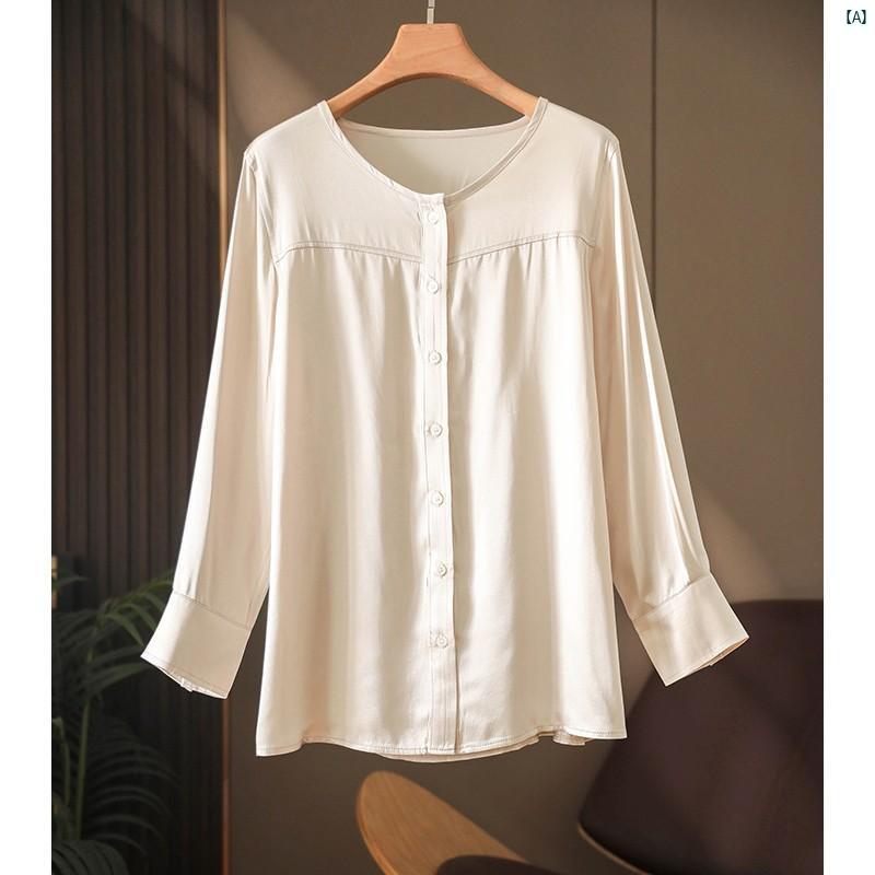 レディース ファッション　オシャレ　カジュアル　かわいい　綺麗 KouMijia インスタント ファッション アイテム 小柄 フランス製 高級 サテン 長袖 ホワイト シャツ