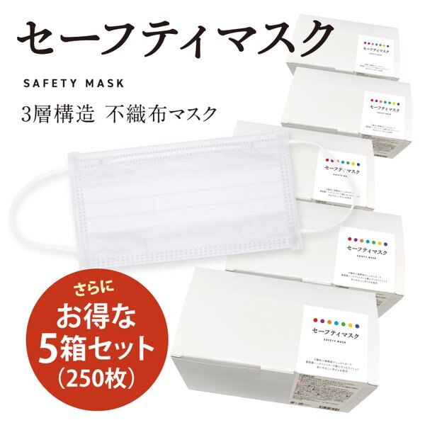 NZ セーフティマスク（不織布3層構造マスクオメガ） 50枚入5箱セット（250枚） 使い捨て