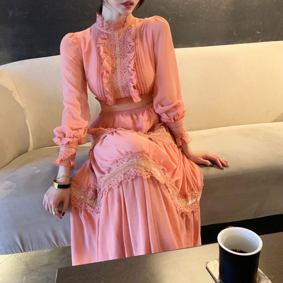 フリルシフォンドレス Aラインワンピース フリルワンピース スタンドカラー ワンピース ドレス ミドル丈. ハイウエスト a3330