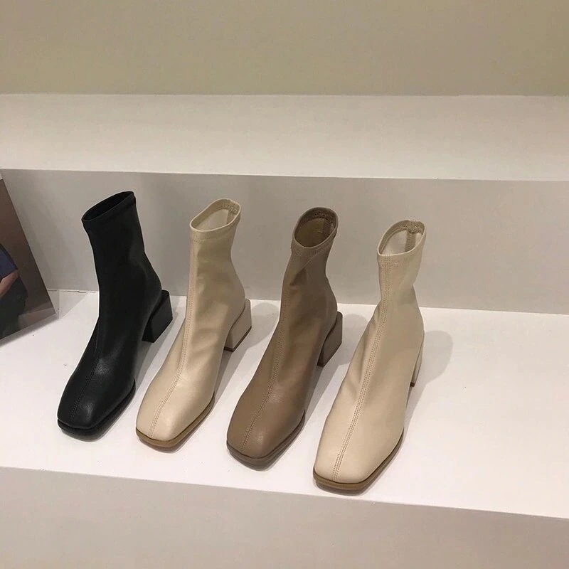 スクエアトゥブーツアンクルブーツ太ヒール45ＣＭショットブーツレディースブーツフェイクレザーブーツ