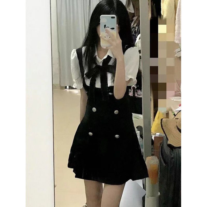 【1つ買うと10つ無料】フェイクフェイク2ブラックドレス女性2025夏2025小さなフィーリングウエストプリンセススカート