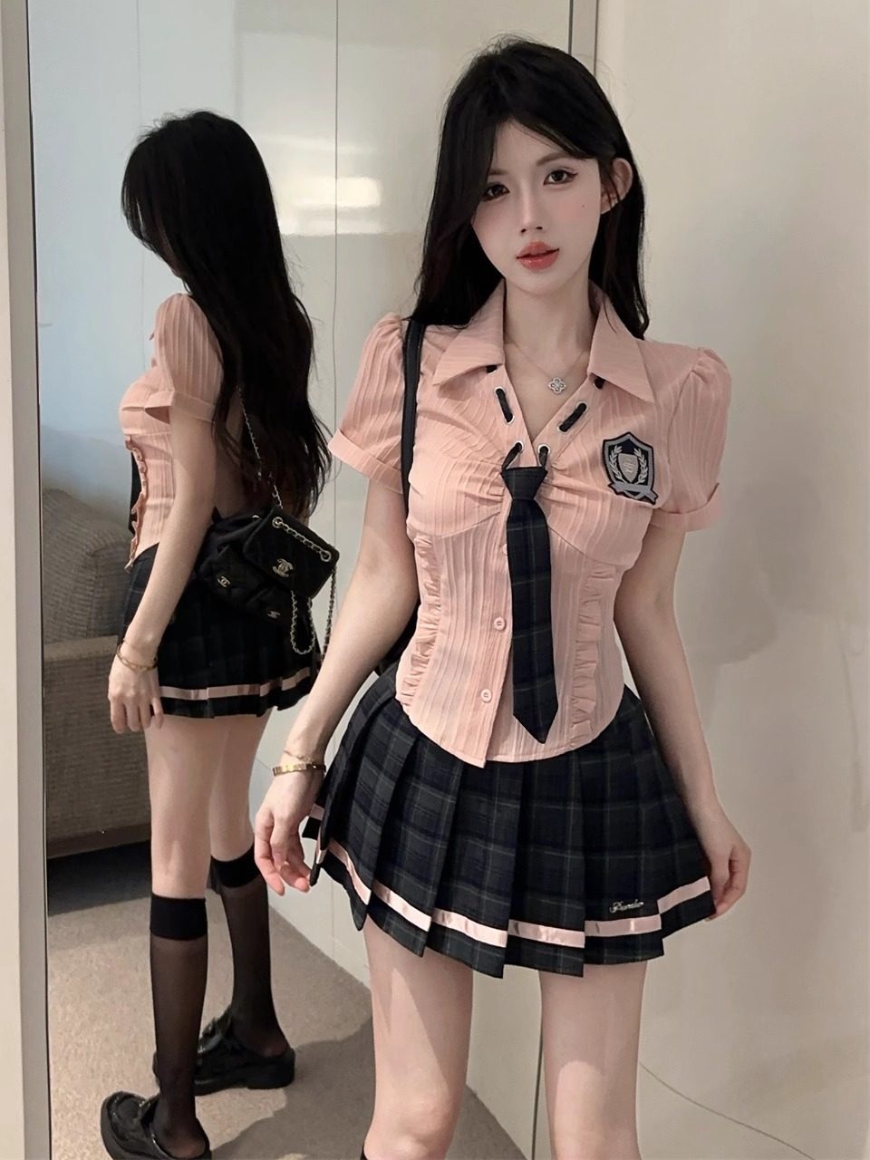 JK 制服 セクシー 純欲 半袖 ネクタイ シャツ ギャザー スカート 2点