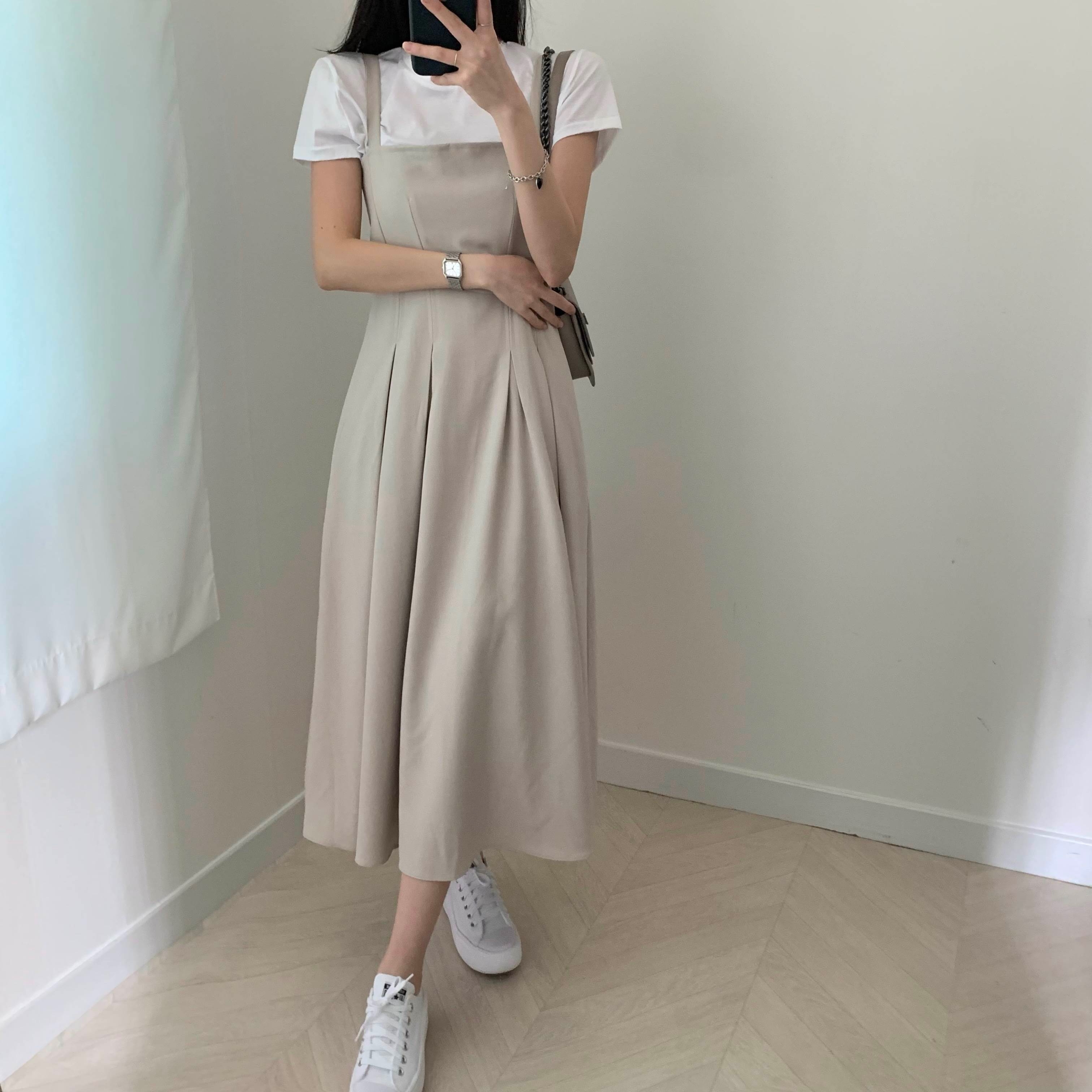 2color オーバーロール サスペンダー プリーツ ロング ワンピース