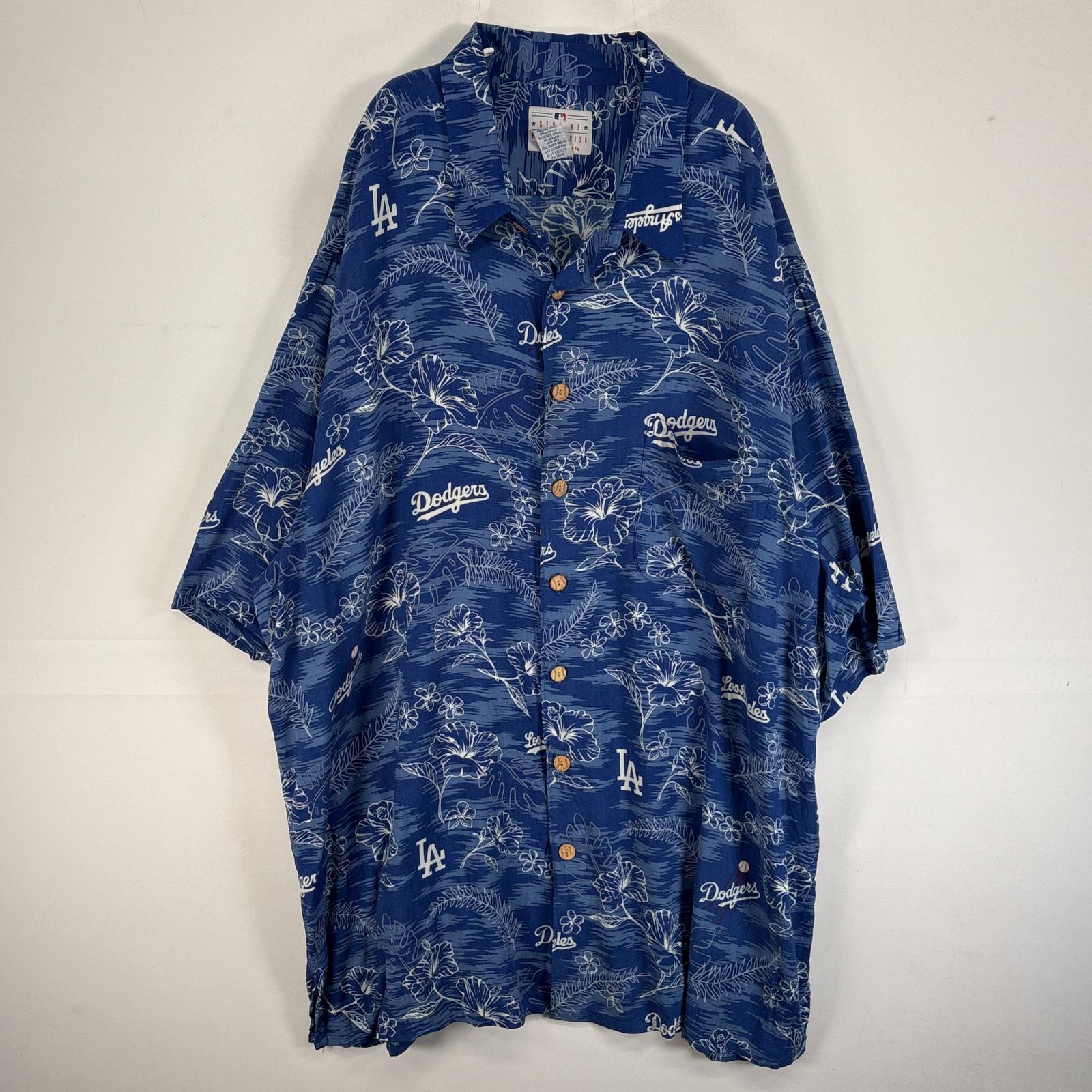 古着 半袖シャツ MLB ドジャース ダブルネーム 大きいサイズ アロハ レーヨン 3XL ブルー 総柄 メンズ