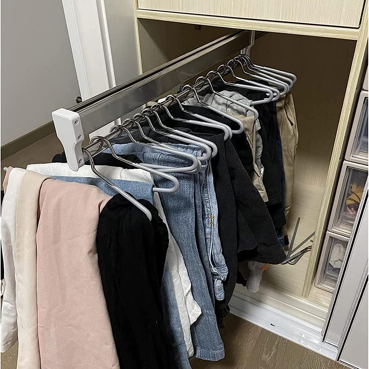 ズボンハンガー引き出し式衣類ハンガーレール拡張可能なクローゼットロッド調節可能なワードローブ衣類レール家庭用品用クローゼットオーガナイザーラック負荷25kgの衣類収納