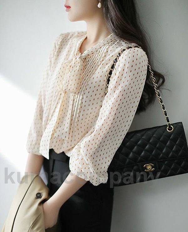 ドット柄 ボウタイ リボン ブラウス レディース トップス 長袖 シャツブラウス 春 秋 大きいサイズ 3L プリーツ 韓国 ファッション おしゃれ きれいめ カジュアル 通勤服 オフィス 大人可愛い