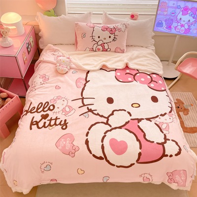 アニメかわいいKT猫ラム絨毯レジャー毛布保温厚手ミルクサンゴ絨毯ソファカバー毛布