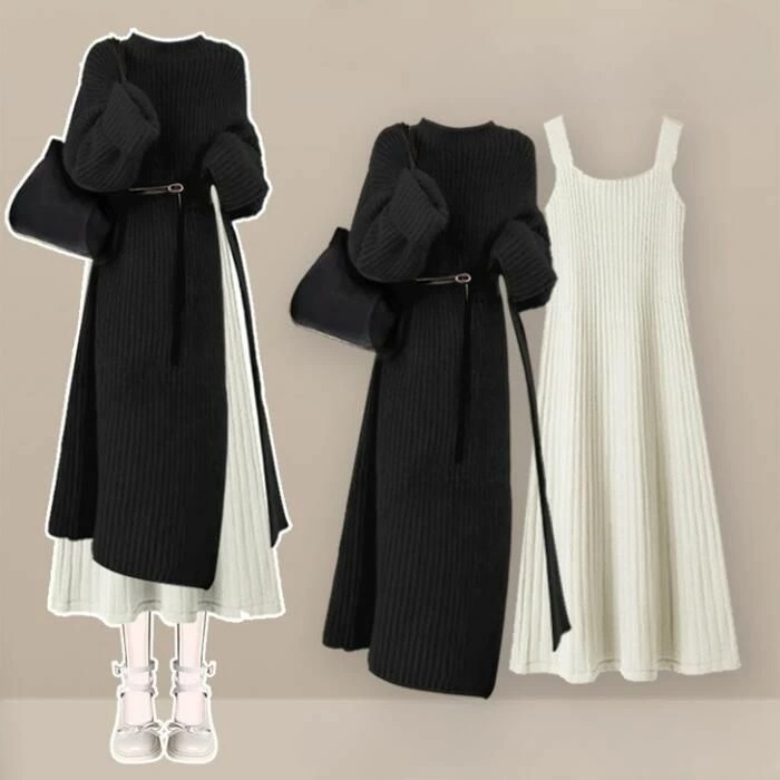 秋 大人 30代 レディース エレガント ミモレ丈 冬 春 重ね着 フェミニン 40代 おしゃれ ワンピース ニット 可愛い レイヤード 2点セット 20代 シンプル セットアップ ベージュ 長袖