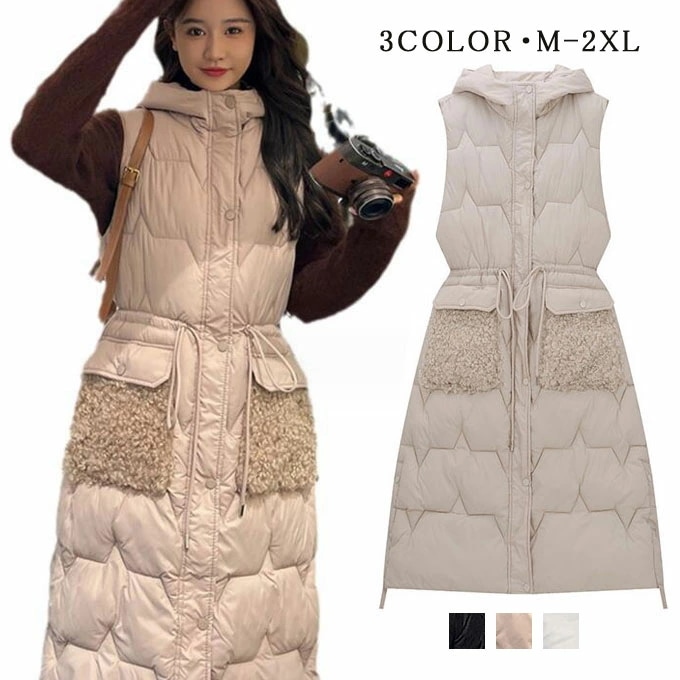 ダウンベスト ロング レディース 中綿ベスト ジャケット キルティング アウター 中綿 中綿入り 上着 フード ロング丈 フェイクダウン 秋 冬 20代 30代 40代 暖かい
