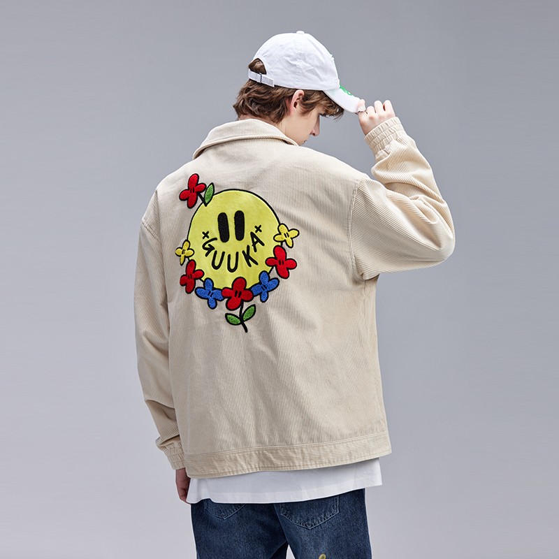 &Agaho 連名アプリコットジャケット メンズ 秋 トレンド カップル ヒップホップ 花刺繍 コーデュロイジャケット ゆったり