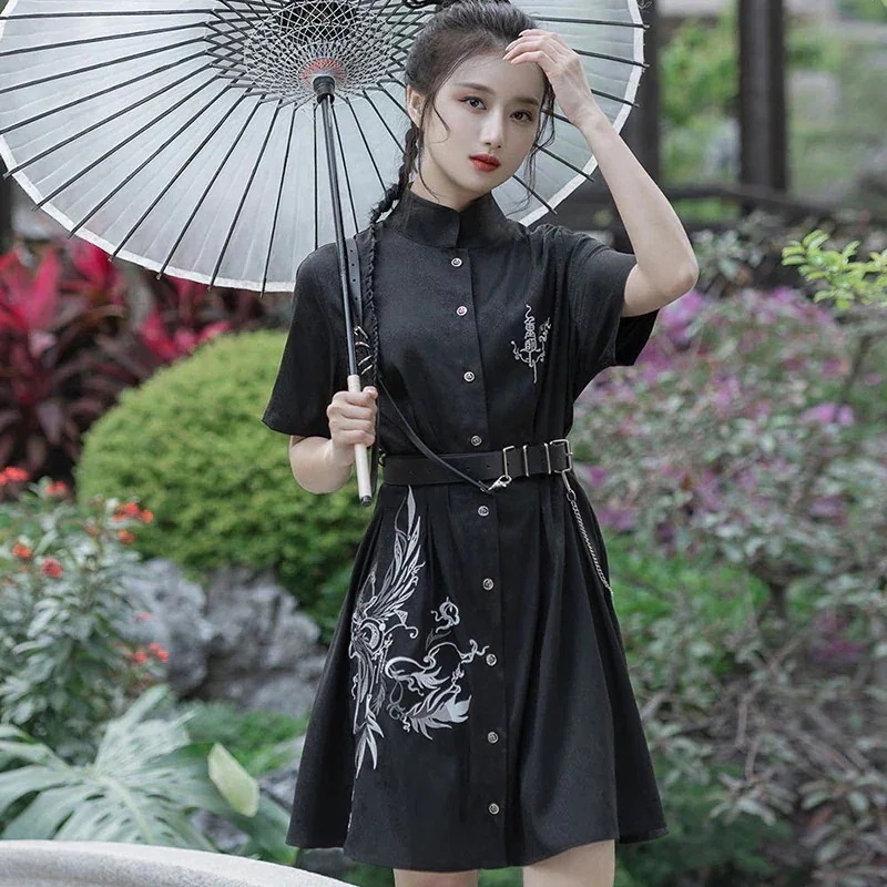 チャイナ風ワンピース スタンドカラー フロントボタンワンピース シャツワンピース 半袖 黒 プリント 暗黒