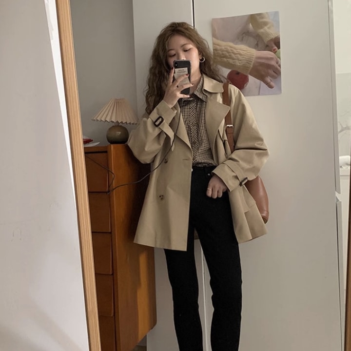 アウター コート ジャケット 上着 トレンチ ショート丈 袖あり 長袖 Vネック 襟付き ベルト ウエストマーク ポケット 前開き ポリエステル かわいい 大人可愛い きれいめ シンプル 大人 上品