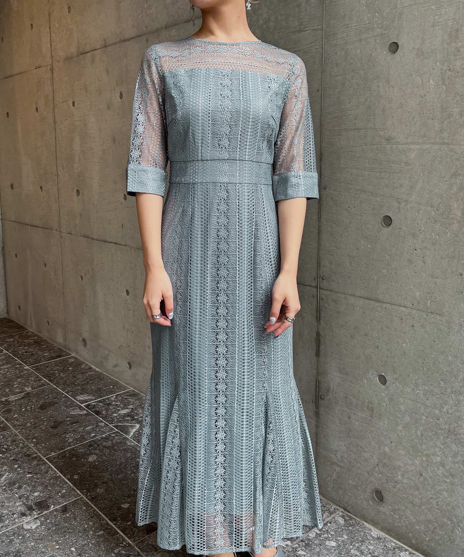 バックリボンレースマーメイドドレス パーティードレス 結婚式 総レース ワンピース 袖あり 七分袖 二の腕カバー ロング丈 お呼ばれ パーティー 二次会 披露宴 謝恩会 成人式 同窓会 卒業式