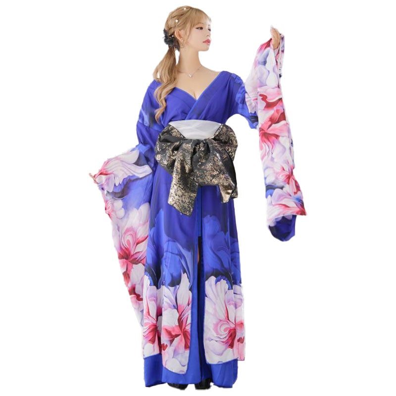 【高級ライン】【2点セット】花柄 シフォン ミニスカート ロング 豪華 花魁 着物 ドレス コスプレ イベント ハロウィン [1341]