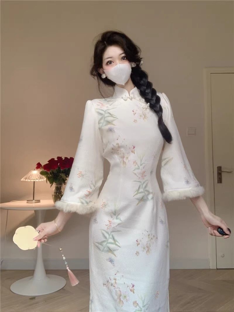 2024新しい改良レディーチャイナドレス エレガントやさしい長袖ワンピース ファッション気質Aラインスカート