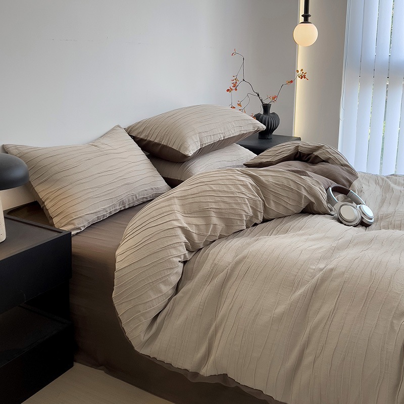 ワサキスタイルの綿ピュアコットンベッド4ピースセットシンプルなハイエンドプリーツキルトカバーベッドシートセット1.5m