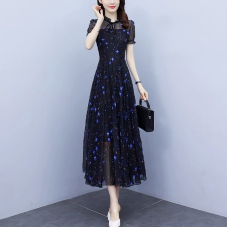 ワンピース ワンピドレス ロングワンピース 袖あり 半袖 スタンドカラー Aライン シフォン リボン 透け感 薄手 快適 着心地 かわいい 大人可愛い きれいめ 大人 上品 おしゃれ お洒落 大人女子