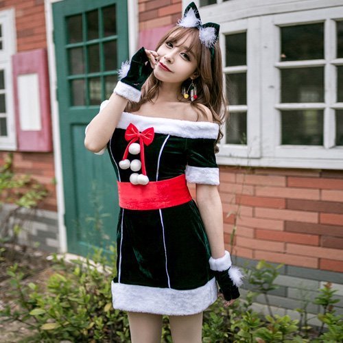 451コスプレ コスチューム サンタガール オフショル ガーリー タイト リボン 華奢 愛らしい 肌見せ グリーン Mサイズ GRAXIA グラシア