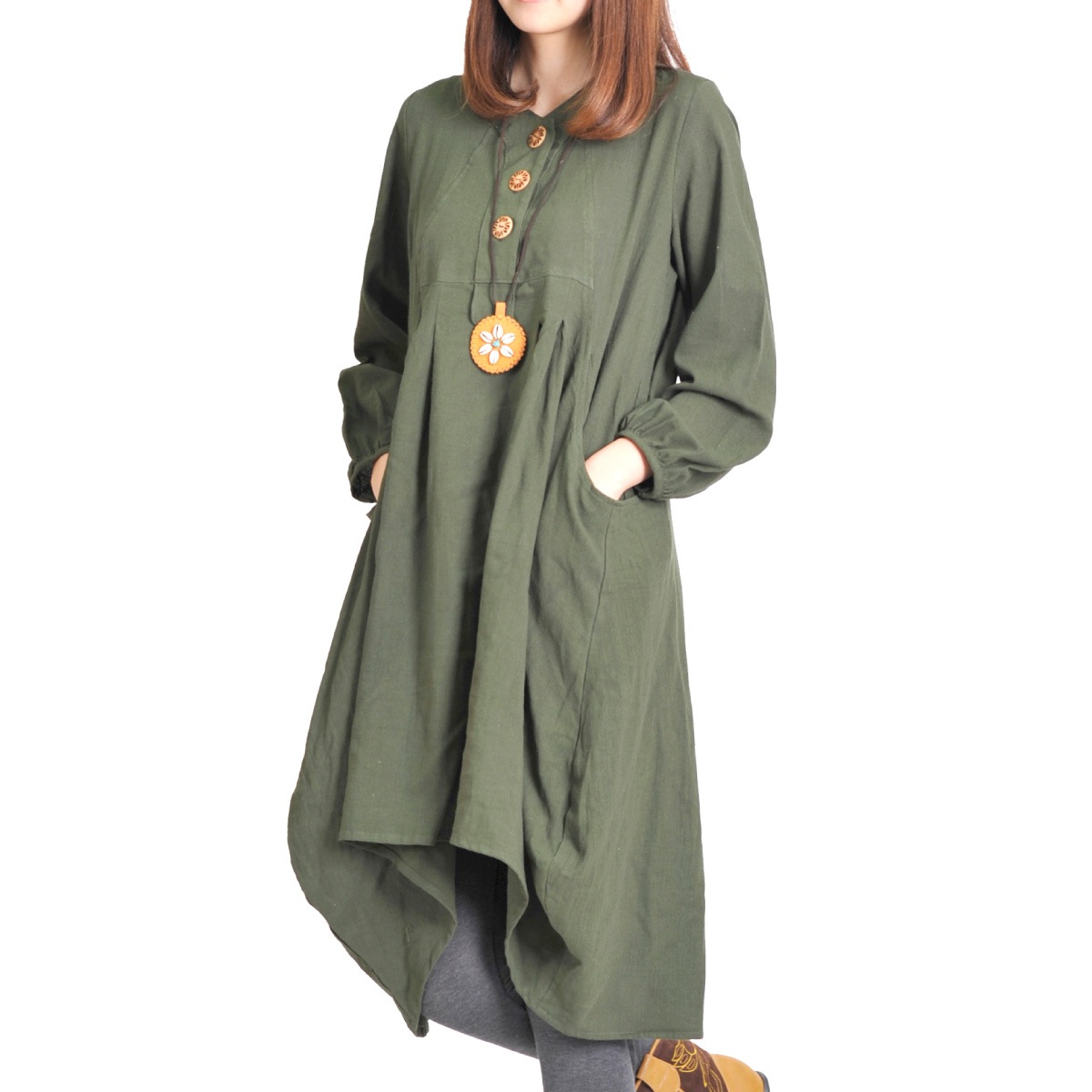 ワンピース チュニックワンピース レディース ロングワンピース 長袖 無地 変型 エスニック アジアン ファッション 春服