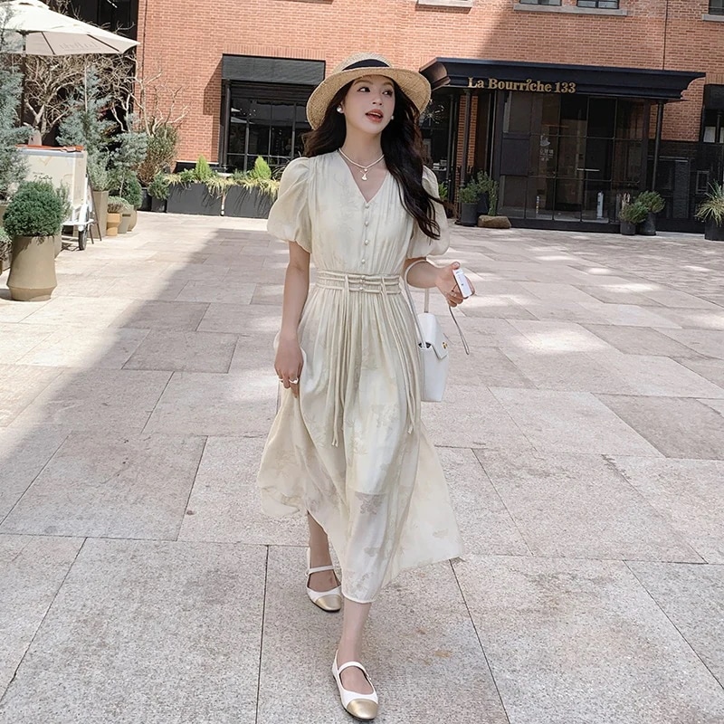 2024年の新しいサマードレスさらっとリネンワンピ/愛されドッキングワンピース花柄ワンピース