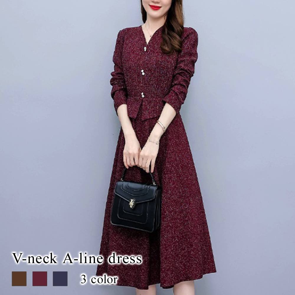 ワンピース レディース VネックAラインワンピース 20代 大人 アウトドア Aライン 体感 トップス 冬 秋 春 韓国 厚手 きれいめ カジュアル しっかり 40代 ニット 白 かわいい スカート