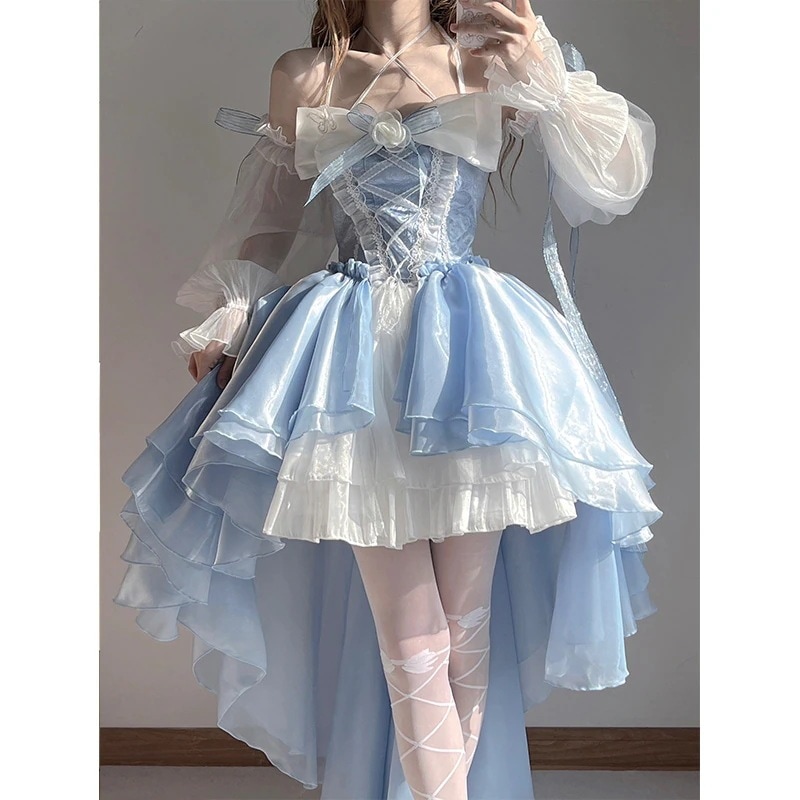エレガントなレディブルーのロリータドレス前が短く後ろが長いウェディング重工業テールプリンセスドレス