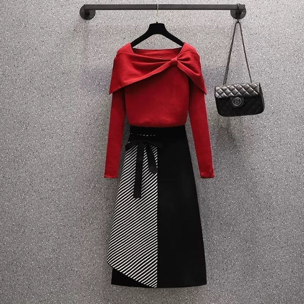 セット スカート セーター 膝下 袖あり 長袖 襟なし アシンメトリー デザイン 美ライン ニュアンス リボン ベルト 伸縮性 ニット 2点セット ツーピース お得 2点セット カラバリ かわいい