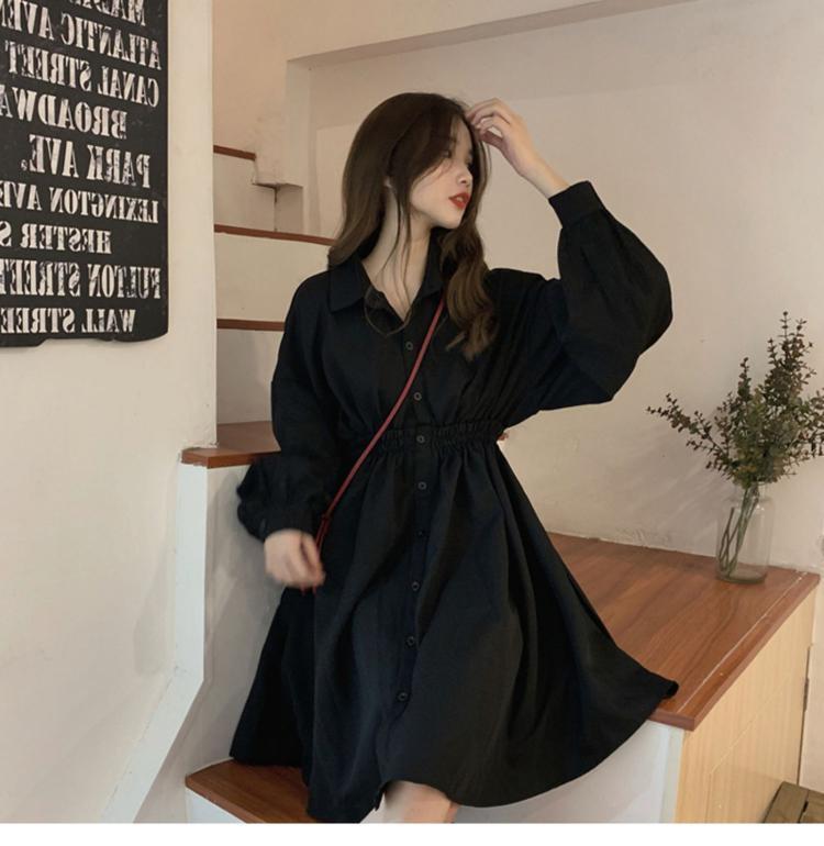 ワンピース シャツ シャツワンピース 膝丈 ひざ丈 レギュラー丈 袖あり 長袖 ボリューム袖 Vネック 襟付き フレア Aライン 前開き かわいい 大人可愛い きれいめ シンプル 大人 上品