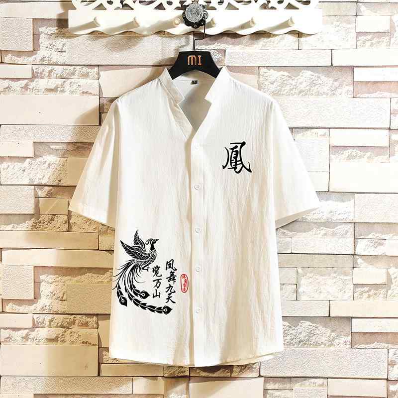半袖 シャツ トップス チャイナ風 夏 メンズ コットン リネン スタンドカラー 通気性 大きめ プラスサイズ