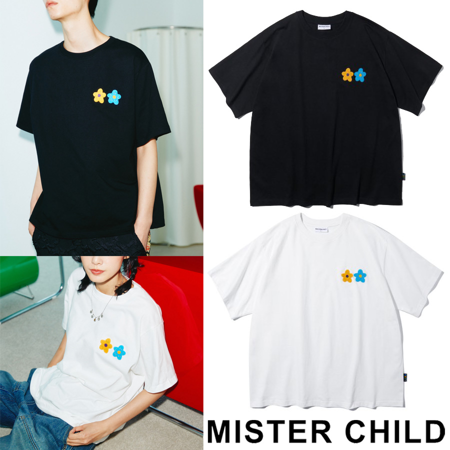 【男女兼用】TWIN FLOWER パッチ 半袖Tシャツ BLACK&WHITE カットソー コットン素材 2色展開「正規品」