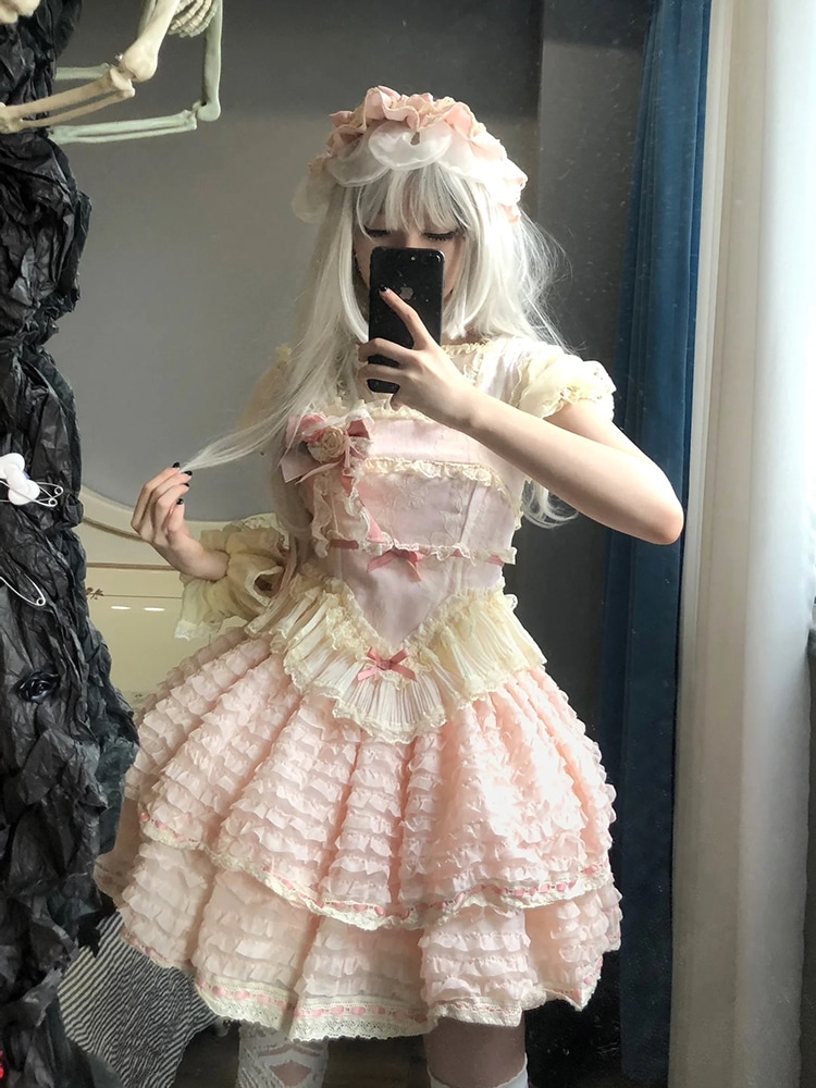 【激安本日限定】ロリータ ワンピースレイヤーケーキロリータプリンセスドレスピンク恋人ガール重工業ロリータふくらはぎドレス