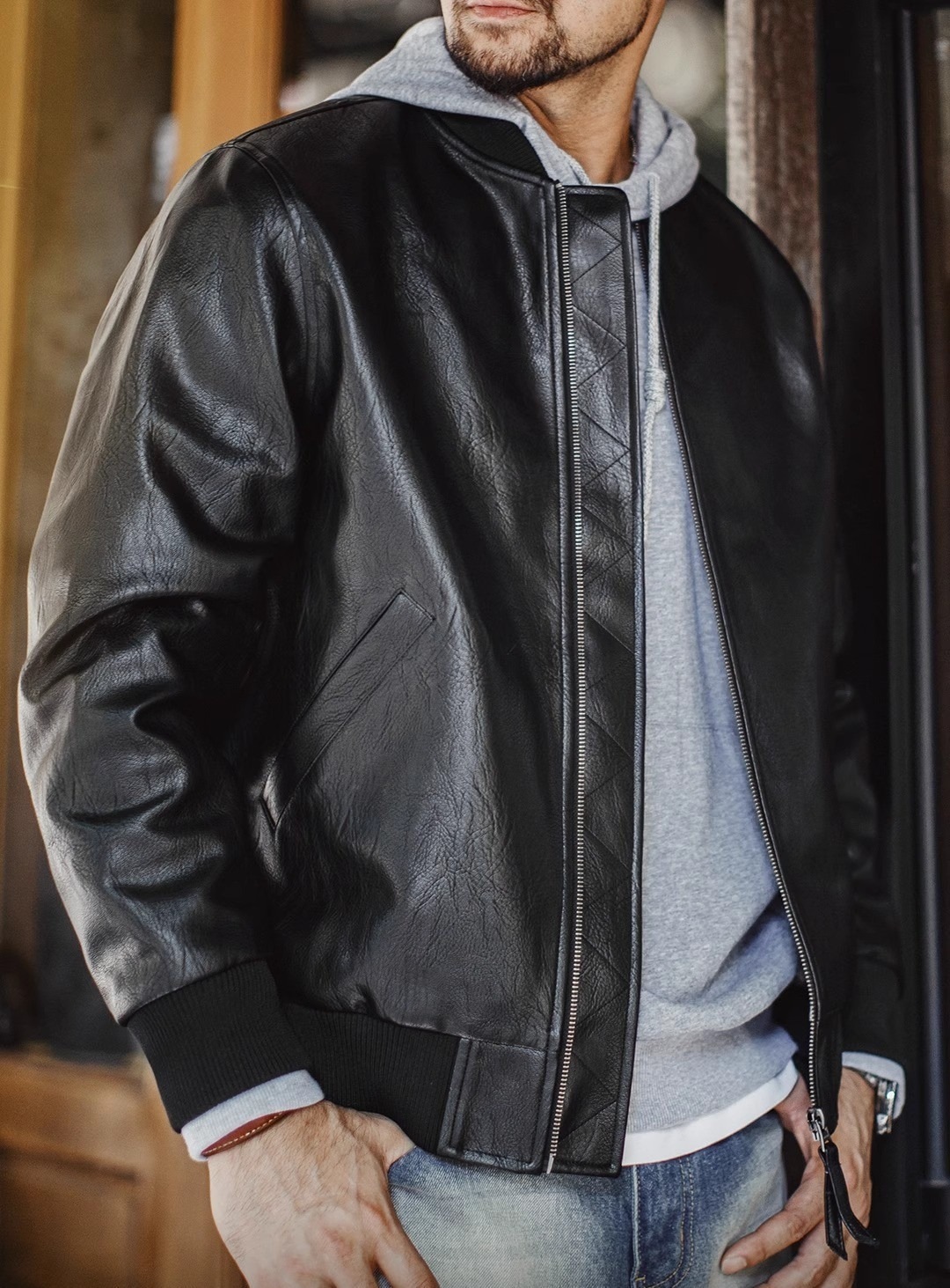 マーデンワークウェア アメリカンスタイル ブラック MA1 フライト レザー ジャケット 痞 ショート丈 ライチ柄 ショート丈 アウター メンズ 秋