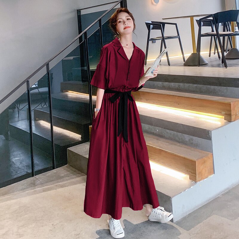 ワンピース レディース 半袖 ロング丈 シャツワンピース 襟付き Vネック フレア 前開き ウエストマーク ウエストゴム リボン 無地 カジュアル きれいめ ママ 春 夏 デート 韓国 グリーン