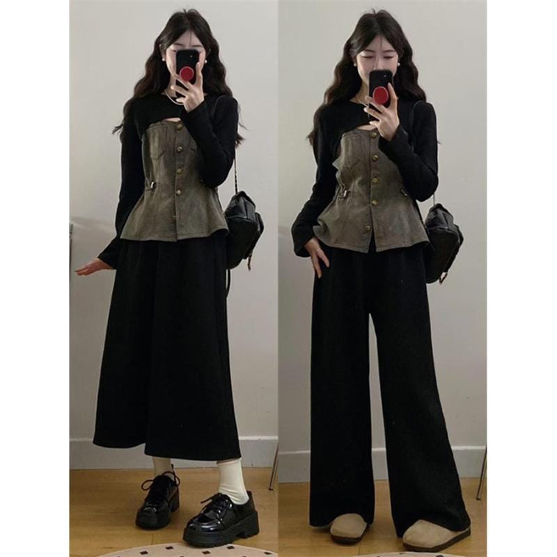 デニム　スタイル　レディース　 大きめ サイズ レディースファッション 高級 スーツ 春 デニム トップス 太った MM カバー 腹 スリム スカート ツーピース