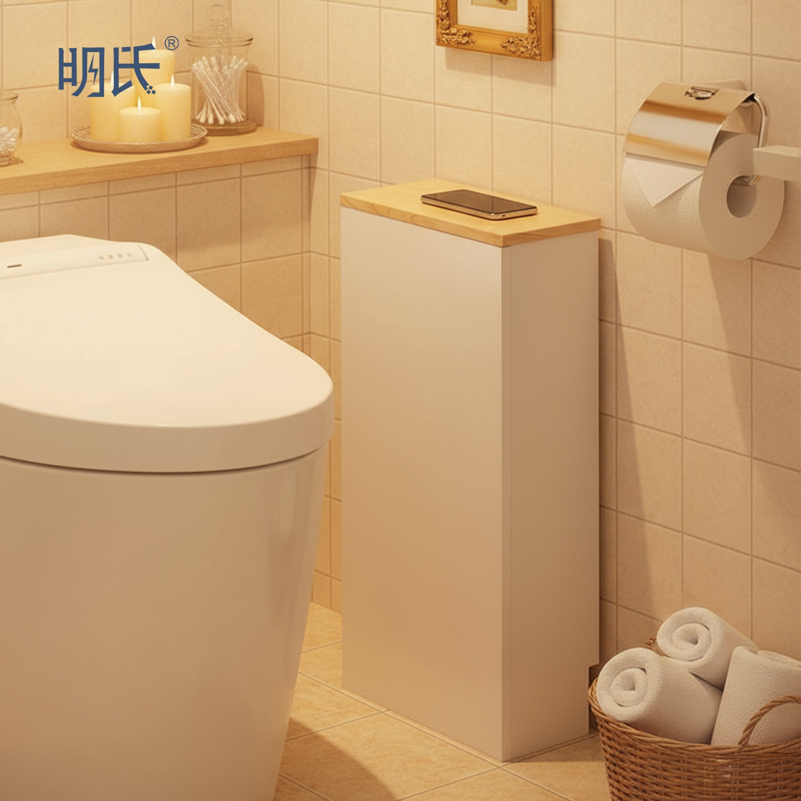 トイレスリムラック 77×17×60cm 可動棚 サイドラック付き ナチュラル