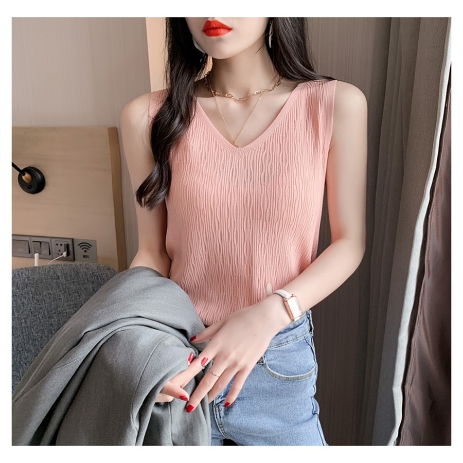 ノースリーブ Vネック トップス カットソー レディース プルオーバー タンクトップ 袖なし 襟なし タイト スリム フェミニン 肌見せ 薄手 大人可愛い きれいめ シンプル カジュアル 上品