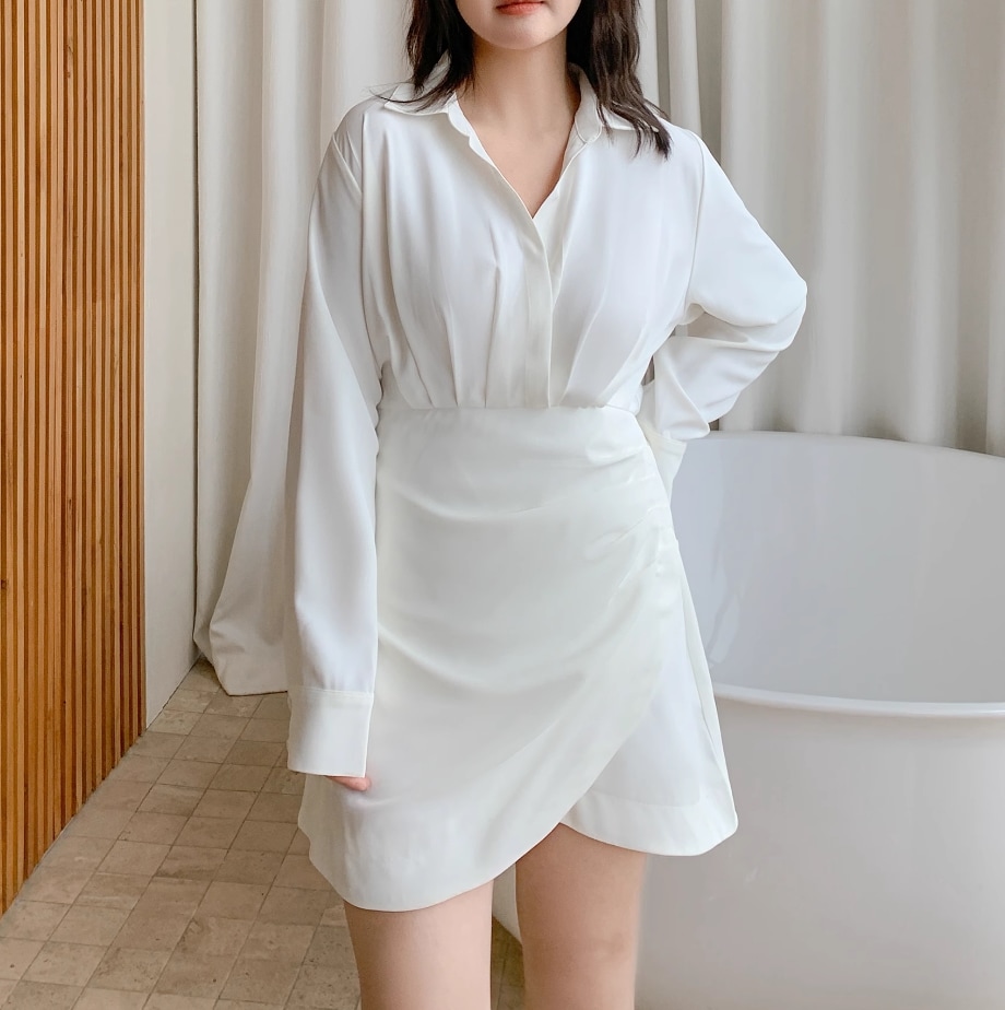 ワンピース レディース シャツワンピ ミニ ショート 膝上 長袖 襟付き スリム 細身 フェミニン 異国風 刺繡 かわいい 大人可愛い きれいめ シンプル カジュアル おしゃれ かっこいい ラフ